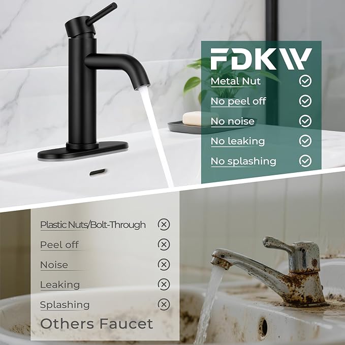 Matte Black Bathroom Faucets, Modern Bathroom Sink Faucet Single Handle Bathroom Faucet for 1 or 3 Hole, Mixer Tap Vanity Faucet with Deck Plate, Pop-up Drain and Supply Hoses