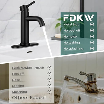 Matte Black Bathroom Faucets, Modern Bathroom Sink Faucet Single Handle Bathroom Faucet for 1 or 3 Hole, Mixer Tap Vanity Faucet with Deck Plate, Pop-up Drain and Supply Hoses