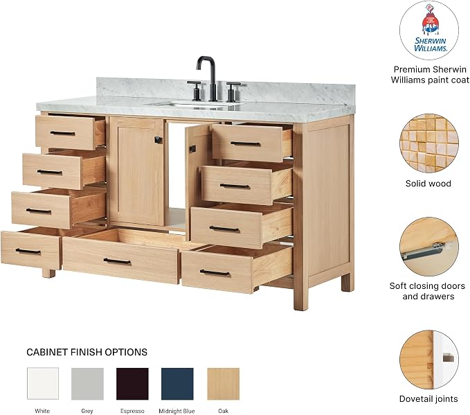 Beckford 60-Inch Oak Bathroom Vanity with Sink, 1.5-Inch Carrara White Marble Countertop & 4-Inch Backsplash, 2 Soft Closing Doors, 9 Dovetail Drawers, Matte Black Hardware