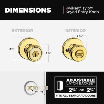 Kwikset Tylo Entry Door Knob with Lock and Key, Secure Keyed Handle Exterior Doorlock, Doorknob For Front Entrance and Bedrooms in Polished Brass