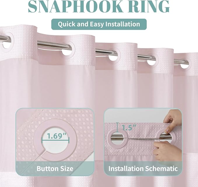 No Hook Waffle Shower Curtain with Snap-in Liner, 71x77 Inch, Blush Pink | 230 GSM waffle weave fabric, waterproof liner set with 2 bottom magnets, mesh top window, washable, for bathroom or hotel use