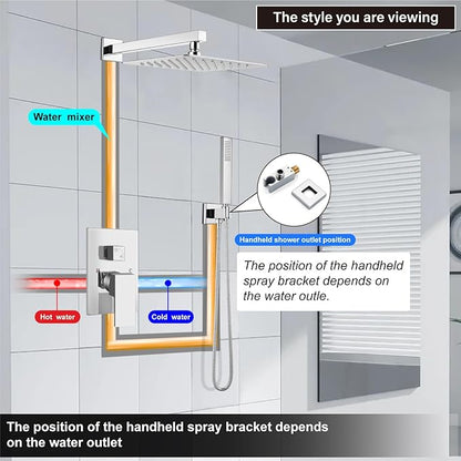 Midanya Shower Faucet Set,Wall Mount Shower System with Square Rain Shower Head and Hand Sprayer, Rough-in Valve Body and Trim Kit Included,10 Inch,Polish Chrome
