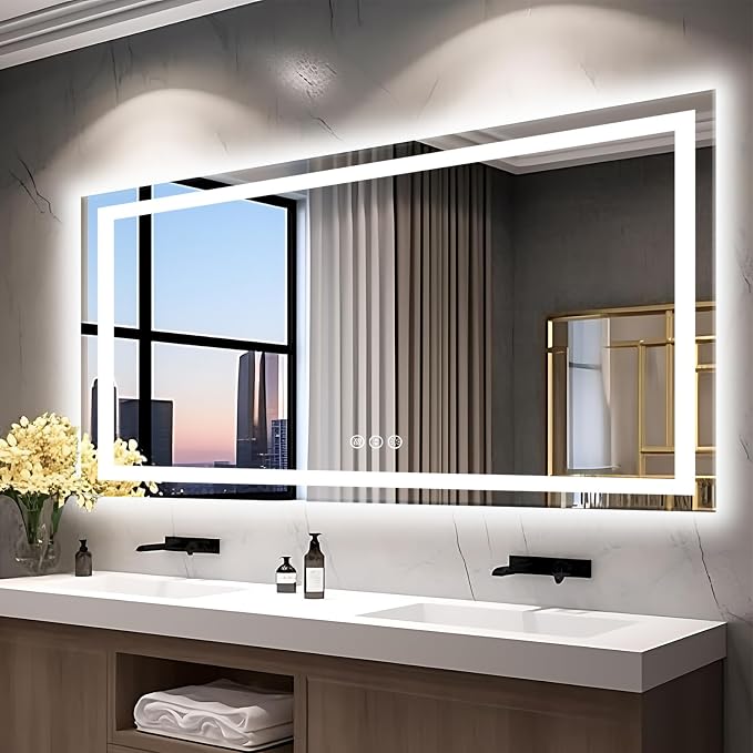 EchosLife 77"x36" Large LED Bathroom Mirror | Backlit + Front Lit, Anti-Fog, Stepless Dimmable, 3 Colors, Memory, Tempered Glass, UL Listed, Horizontal/Vertical