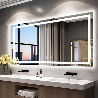 EchosLife 77"x36" Large LED Bathroom Mirror | Backlit + Front Lit, Anti-Fog, Stepless Dimmable, 3 Colors, Memory, Tempered Glass, UL Listed, Horizontal/Vertical