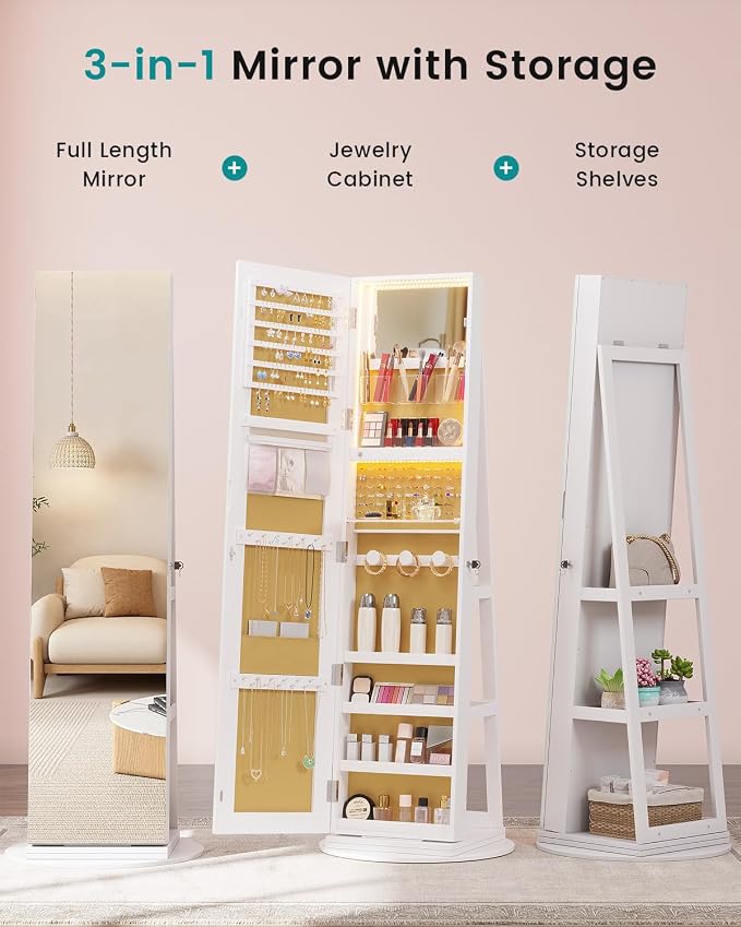 Vlsrka 360° Swivel Mirror Jewelry Cabinet, Lockable Jewelry Armoire, White | Standing Jewelry Cabinet with Lights, Framelss Mirror with Storage, Foldable Makeup Shelf, Interior Mirror, Gift for Women