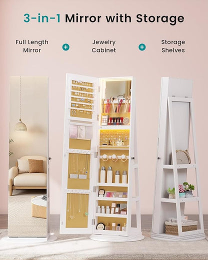 Vlsrka 360° Swivel Mirror Jewelry Cabinet, Lockable Jewelry Armoire, White | Standing Jewelry Cabinet with Lights, Framelss Mirror with Storage, Foldable Makeup Shelf, Interior Mirror, Gift for Women