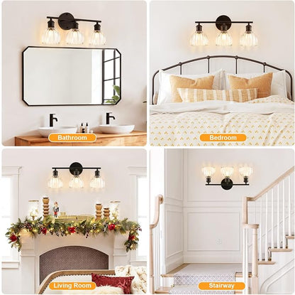 Bathroom Light Fixtures, 3-Light Brushed Black Vanity Lights for Bathroom with Clear Tulip Glass Shade, 20" Vintage Bathroom Vanity Lighting Fixtures Over Mirror for Bedroom Living Room Hallway
