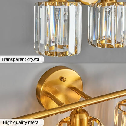 Modern 3 Light Crystal Vanity Light, Brushed Gold Vertical Bathroom Light Fixture Over Mirror for Dressing Table Sink, Compatible with Dimmable Bulbs (Bulbs Not Included)