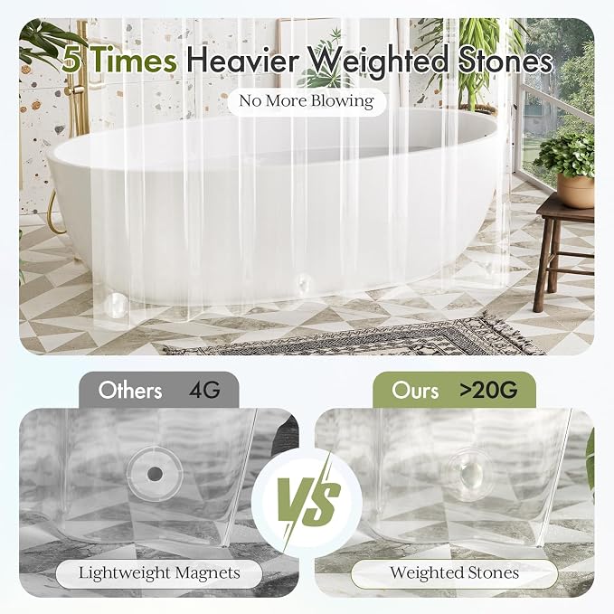 Bathway Shower Curtain Liner Clear Heavy Duty Shower Curtain Liner 60x72 Plastic Shower Liner PEVA Waterproof Shower Curtain Liner Thick for Bathroom with 3 Big Stones and 10 Rustproof Grommets