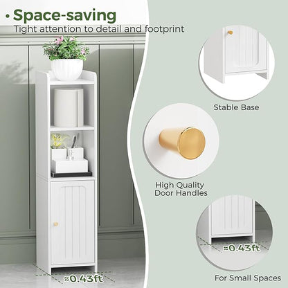 BEWISHOME Small Bathroom Cabinet, Narrow Storage Cabinet with Anti-Tip & Adjustable Shelves, Bathroom Organizers and Storage Cabinets for Small Spaces, 7.9" D x 7.9" W x 31.5" H, White YYG06W