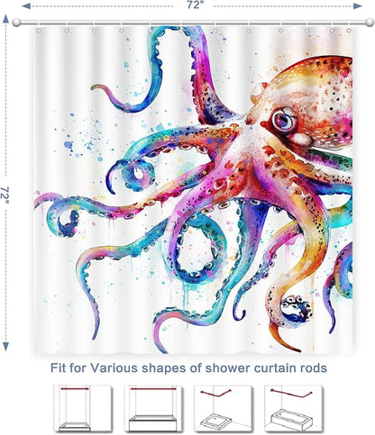 Novelty Summer Shower Curtain Octopus, Nautical Beach Shower Curtain Kraken Ocean Waterproof Polyester Fabric Machine Washable Kids Bathroom shower curtains Decor Bath Curtains with Hooks, 72 x 72