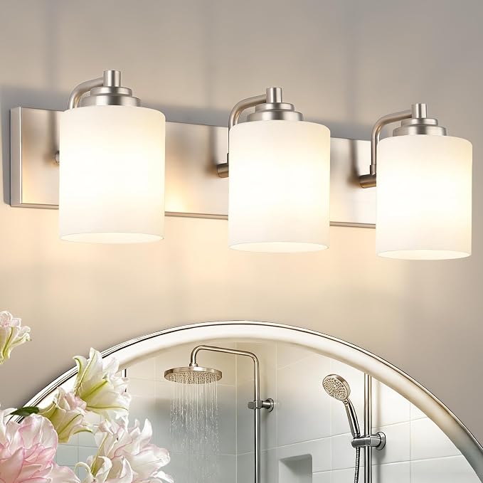 SOLFART Modern Brushed Nickel 3 Light Vanity Sconces for Bathroom, Milky Glass Globe Bathroom Light Fixtures, 3 Lights Over Mirror Wall Mount Lighting (Bulbs Not Included)