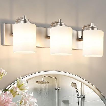 SOLFART Modern Brushed Nickel 3 Light Vanity Sconces for Bathroom, Milky Glass Globe Bathroom Light Fixtures, 3 Lights Over Mirror Wall Mount Lighting (Bulbs Not Included)