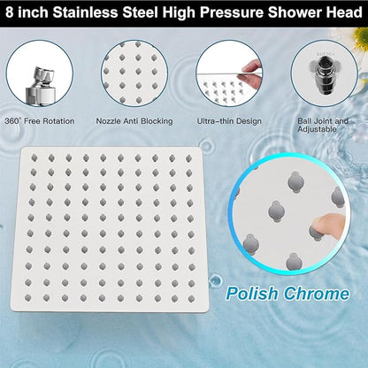 Midanya Shower Faucet Set,Wall Mount Shower System with Square Rain Shower Head and Hand Sprayer, Rough-in Valve Body and Trim Kit Included,8 Inch,Polish Chrome
