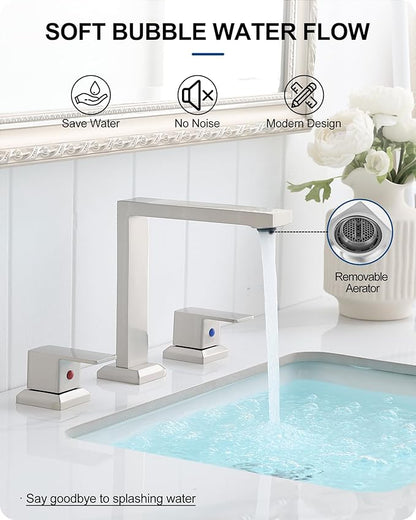 8 Inch Brushed Nickel Bathroom Faucet, 2 Handle Brass Widespread Modern Bathroom Faucets 3 Hole with Pop Up Drain, cUPC Supply Lines and Removable Aerator for Lavatory, Restroom, Save Water