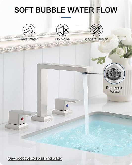 8 Inch Brushed Nickel Bathroom Faucet, 2 Handle Brass Widespread Modern Bathroom Faucets 3 Hole with Pop Up Drain, cUPC Supply Lines and Removable Aerator for Lavatory, Restroom, Save Water