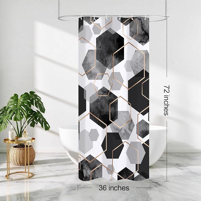 Litabel Small Stall Shower Curtain Set, Geometric Bathroom Decor 36x72 | Narrow Half Modern Minimalist Shower Curtais, Black Geometric Art Print Abstract Waterproof Bath Curtain