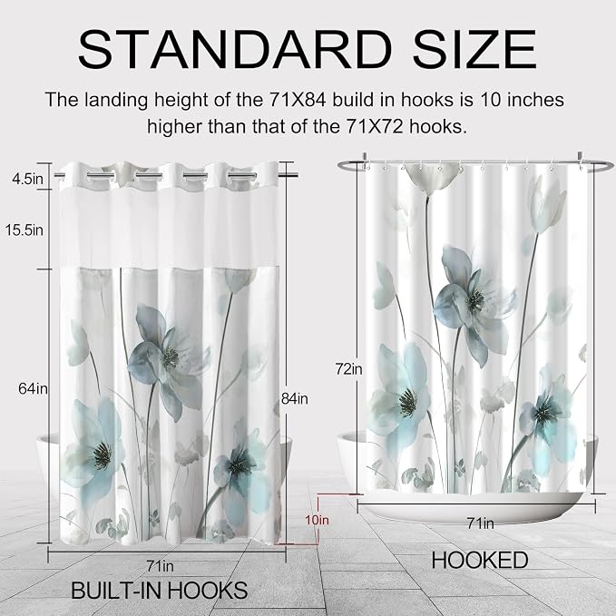 No Hook Shower Curtain and Liner Set, Teal Blue Boho Floral 71x84 | Watercolor Boho Flower, with Snap in Liner, Mesh Top Window, Waterproof, Machine Washable, Quick-Drying, for Hotel Bathroom