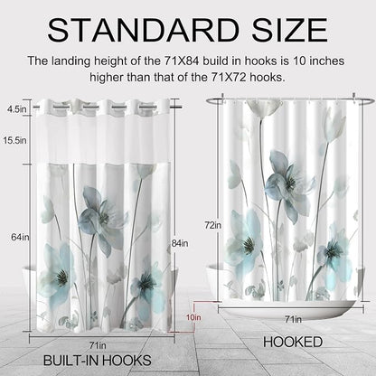 No Hook Shower Curtain and Liner Set, Teal Blue Boho Floral 71x84 | Watercolor Boho Flower, with Snap in Liner, Mesh Top Window, Waterproof, Machine Washable, Quick-Drying, for Hotel Bathroom