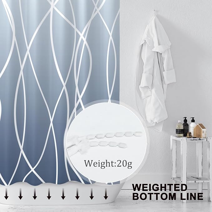 Striped Shower Curtain for Bathroom, Ombre Blue, 72" W x 72" L | with Hooks, Modern Hotel Style, Water Repellent, Washable, Weighted Hem