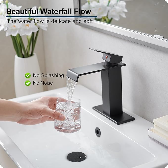 Waterfall Bathroom Faucet, Brass Matte Black Bathroom Faucet 1 Hole or 3 Holes, Bathroom Faucets Single Handle, 4 Inch Bathroom Sink Faucet with Deck Plate & Pop-Up Drain for Lavatory No Noise
