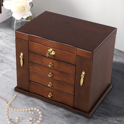 Extra Large 5 Layers Wooden Jewelry Box Jewelry Case Cabinet Armoire Ring Necklacel Gift Storage Box Organizer(5 Layers,W/mirror,Brown)