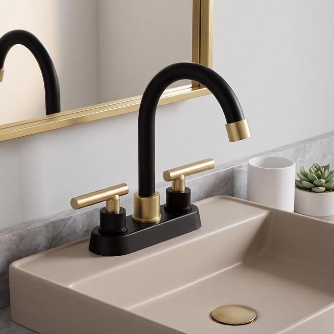 Bathroom Faucet Black and Gold, 2 Handle 4 Inch Centerset Bathroom Sink Faucet with Pop Up Drain, Modern RV Vanity Sink 2 or 3 Hole Mount