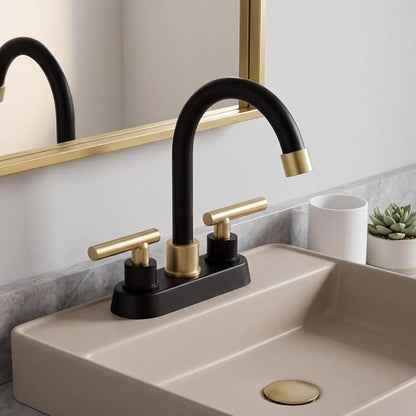 Bathroom Faucet Black and Gold, 2 Handle 4 Inch Centerset Bathroom Sink Faucet with Pop Up Drain, Modern RV Vanity Sink 2 or 3 Hole Mount