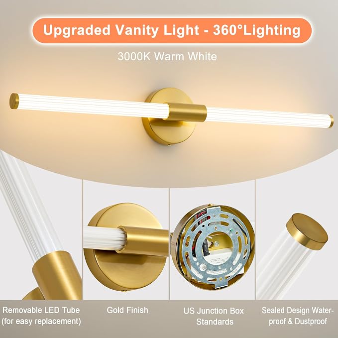 LED Bathroom Vanity Lights Gold Wall Sconce Modern 30" | 360° Bright Bathroom Light Fixture, Dimmable Vanity Light Bar, Hardwired Wall Light 3000K Warm White for Mirror
