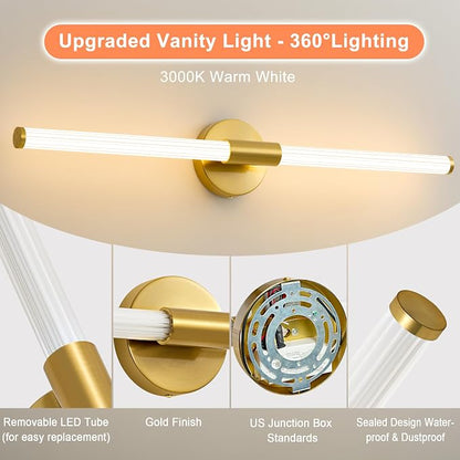 LED Bathroom Vanity Lights Gold Wall Sconce Modern 30" | 360° Bright Bathroom Light Fixture, Dimmable Vanity Light Bar, Hardwired Wall Light 3000K Warm White for Mirror