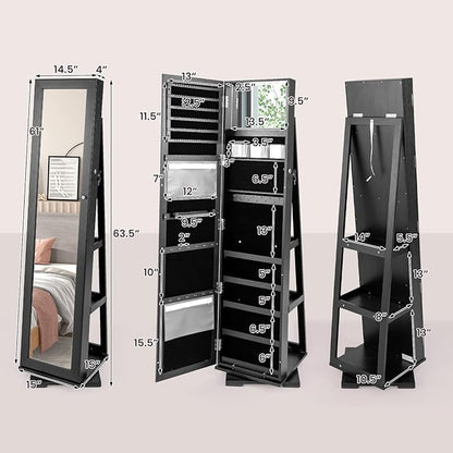 CHARMAID 360° Swivel Jewelry Armoire with Full Length Mirror, Standing Lockable Jewelry Cabinet Organizer, Large Storage Capacity, Inside Makeup Mirror, Back Storage Shelves (Black)