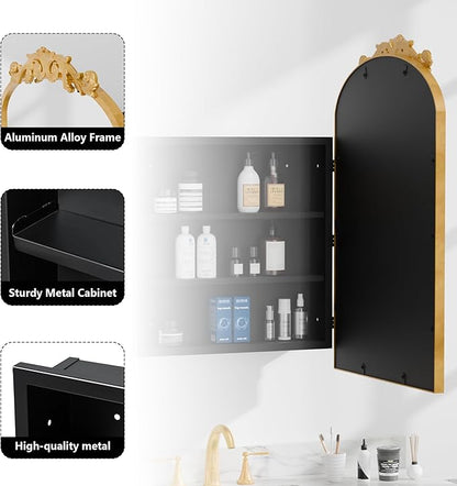 Casaphoria 30" H x 20" W Arched Bathroom Medicine Cabinet with Mirror, Carved Metal Frame and Wall Medicine Cabinets Mirrors, Gold O