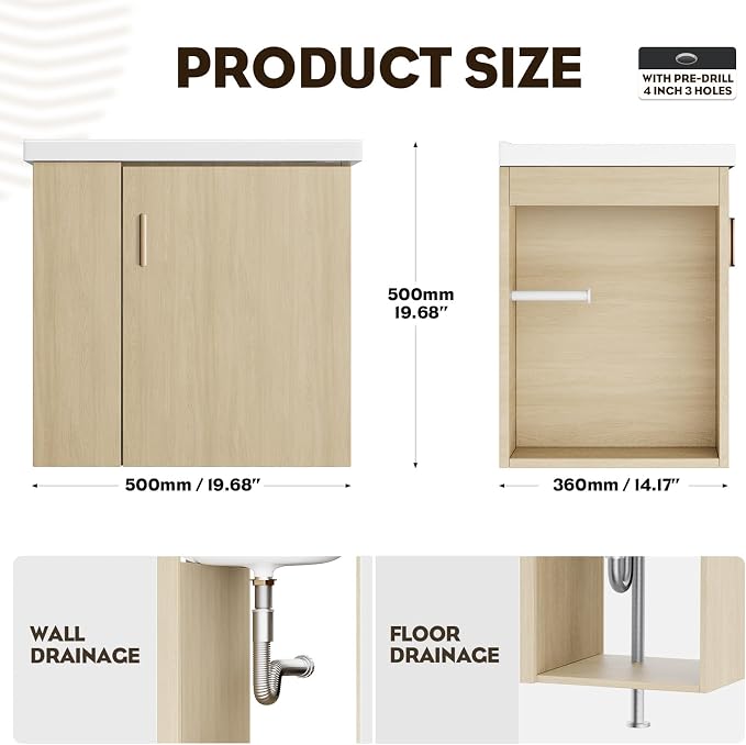 20 Inch Oak Floating Small Bathroom Vanity, Pre-Assembled Wall Mounted Cabinet with Sink, Left Side Storage, Soft-Close Door, Modern Space-Saving Design, No Faucet,BV04-20-OAK-PLUS