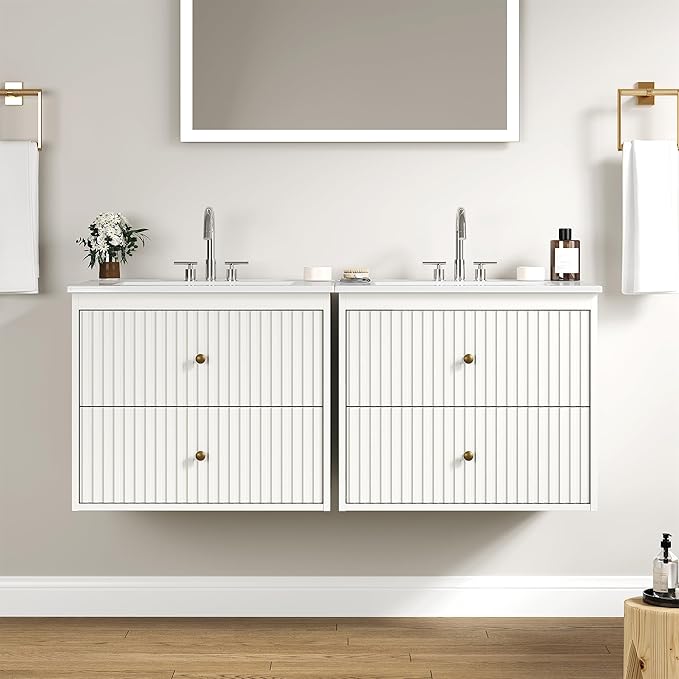 RoyalCraft 24'' Bathroom Vanity with Sink Combo, Wall Mounted Floating Sink Cabinet with 2 Hidden Damping Drawers, Grooved Stripe Design Bathroom Ceramic Sink Cabinet, White