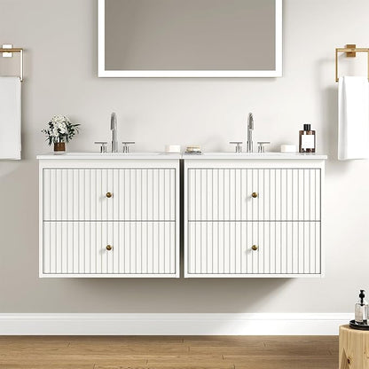 RoyalCraft 24'' Bathroom Vanity with Sink Combo, Wall Mounted Floating Sink Cabinet with 2 Hidden Damping Drawers, Grooved Stripe Design Bathroom Ceramic Sink Cabinet, White