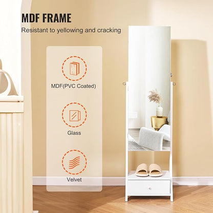 VEVOR Jewelry Cabinet Armoire, 62-Inch Tall Lockable Jewelry Organizer with Full-Length Mirror, LED Light, Velvet Lining, Drawer, Freestanding, White