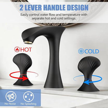 Matte Black Bathroom Faucet 3 Hole, 8 Inch Widespread Bathroom Sink Faucet for Vanity, 2 Handle Bathroom Faucets, Bathroom Vanity Faucet with Pop-Up Drain and Supply Hoses