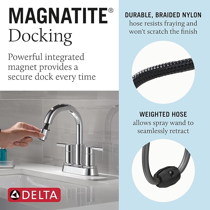 Delta Nicoli Centerset Chrome Bathroom Faucet with Sprayer, 4 Inch 3 Hole Bathroom Sink Faucet with Pull Out Sprayer, Push-Pop Drain, Chrome 25749LF-PD
