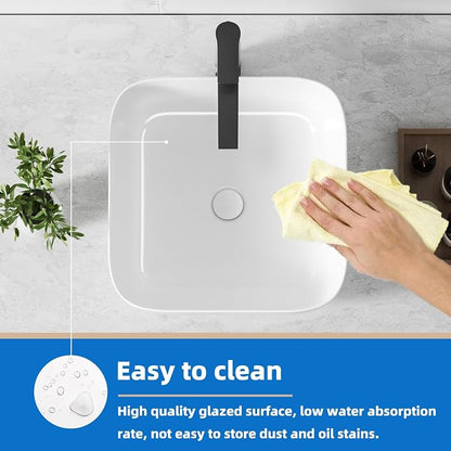 KINGWONG 15" Ceramic Vessel Sink, White Square Bathroom Sink Above Counter | Easy-Clean Porcelain Vanity Sink with Rounded Corner & No Overflow, Compact 15.15" Design for RV, Powder Room, Small Space