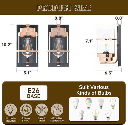 Rose Gold and Black Wall Sconce, Modern Vanity Light Fixture | Hardwired,E26 base,mid-century clear glass sconce for mirror.hallway.bathroom.fireplace