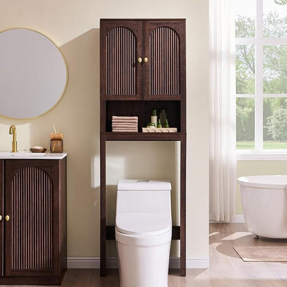 72" Over The Toilet Storage Cabinet, Modern Over Toilet Bathroom Organizer Shelf with Fluted Arched Doors, Wooden Free Standing Bathroom Storage Cabinet with Adjustable Shelf, Space Saver, Brown