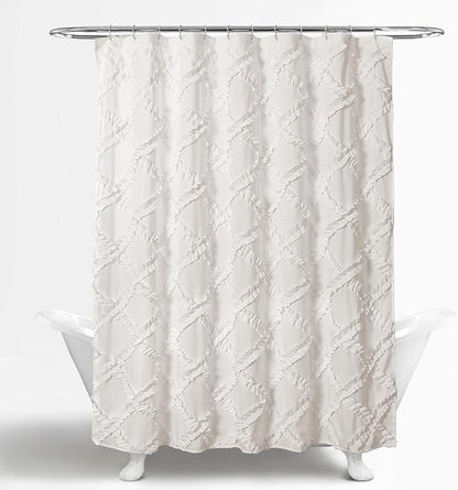 Lush Decor Ruffle Diamond Shower Curtain 72"L x 72"L White - Fabric Shower Curtains for Bathroom - White Bathroom Curtain - Vintage Farmhouse Decor