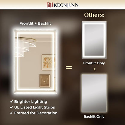 Keonjinn 28x36 Inch Nickel LED Bathroom Mirror with Lights, Beveled Edge | Frontlit & Backlit, Lighted Bathroom Mirror, HD Tempered Glass, 3 Color Temperatures, Anti-fog, Stepless Dimmable