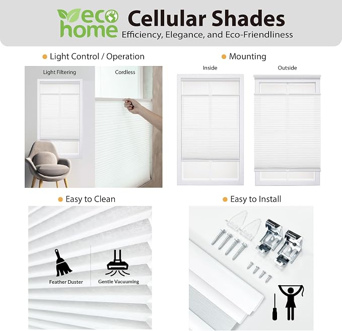 DEZ FURNISHINGS Cordless 1" Light Filtering Top Down Bottom Up Cellular Shade, 33.5"W x 72"H, Alabaster