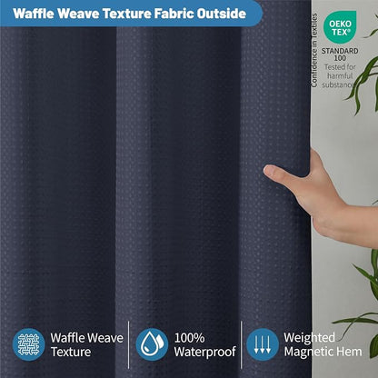 2-in-1 Waterproof Fabric Shower Curtain - No Separate Liner Needed, Hotel-Style Waffle Weave, Effortless Cleaning & Washable Bathroom Shower Curtain Set,72Wx78H,Navy Blue