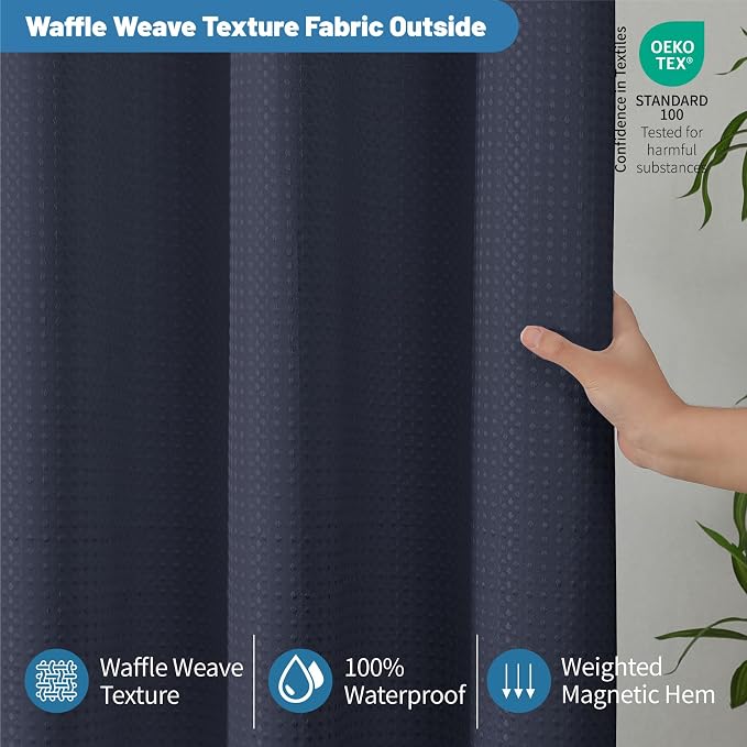 2-in-1 Waterproof Fabric Shower Curtain - No Separate Liner Needed, Hotel-Style Waffle Weave, Effortless Cleaning & Washable Bathroom Shower Curtain Set,72Wx84H,Navy Blue