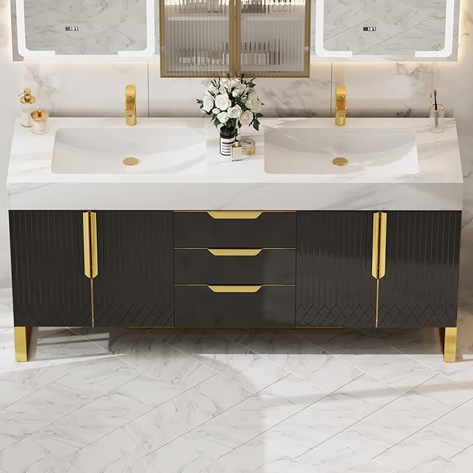 homary 60" Freestanding Bathroom Vanity Set with Double Sink, Modern Bathroom Sink Cabinet Storage Cabinet with Sintered Stone Countertop and Ample Storage, Black