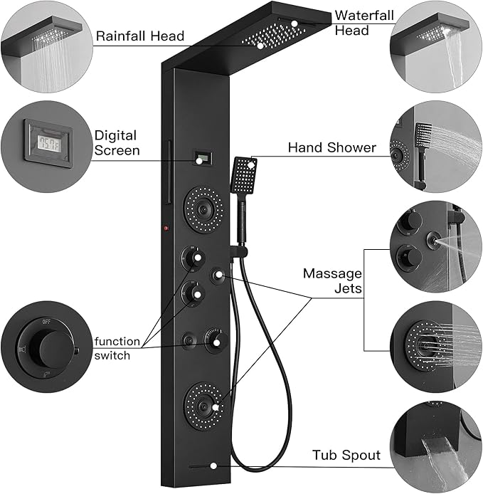 BWE Shower Panel with LED Rainfall Waterfall Shower 6-Function Faucet 4 Mist Jets 2 Body Sprays with Handheld and Waterfall Tub Spout Shower Tower System Matte Black