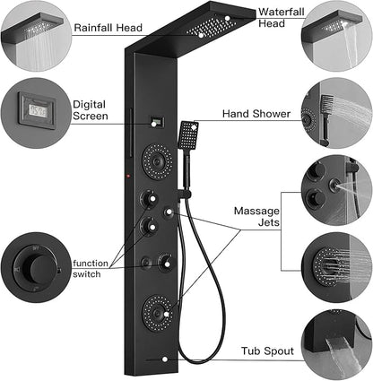 BWE Shower Panel with LED Rainfall Waterfall Shower 6-Function Faucet 4 Mist Jets 2 Body Sprays with Handheld and Waterfall Tub Spout Shower Tower System Matte Black
