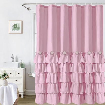 Seasonwood Pink Ruffle Shower Curtain Farmhouse Shower Curtain 72 X 72 | Natural button accents, layered fabric tiers, shabby chic and French country styling for decorative bathroom updates